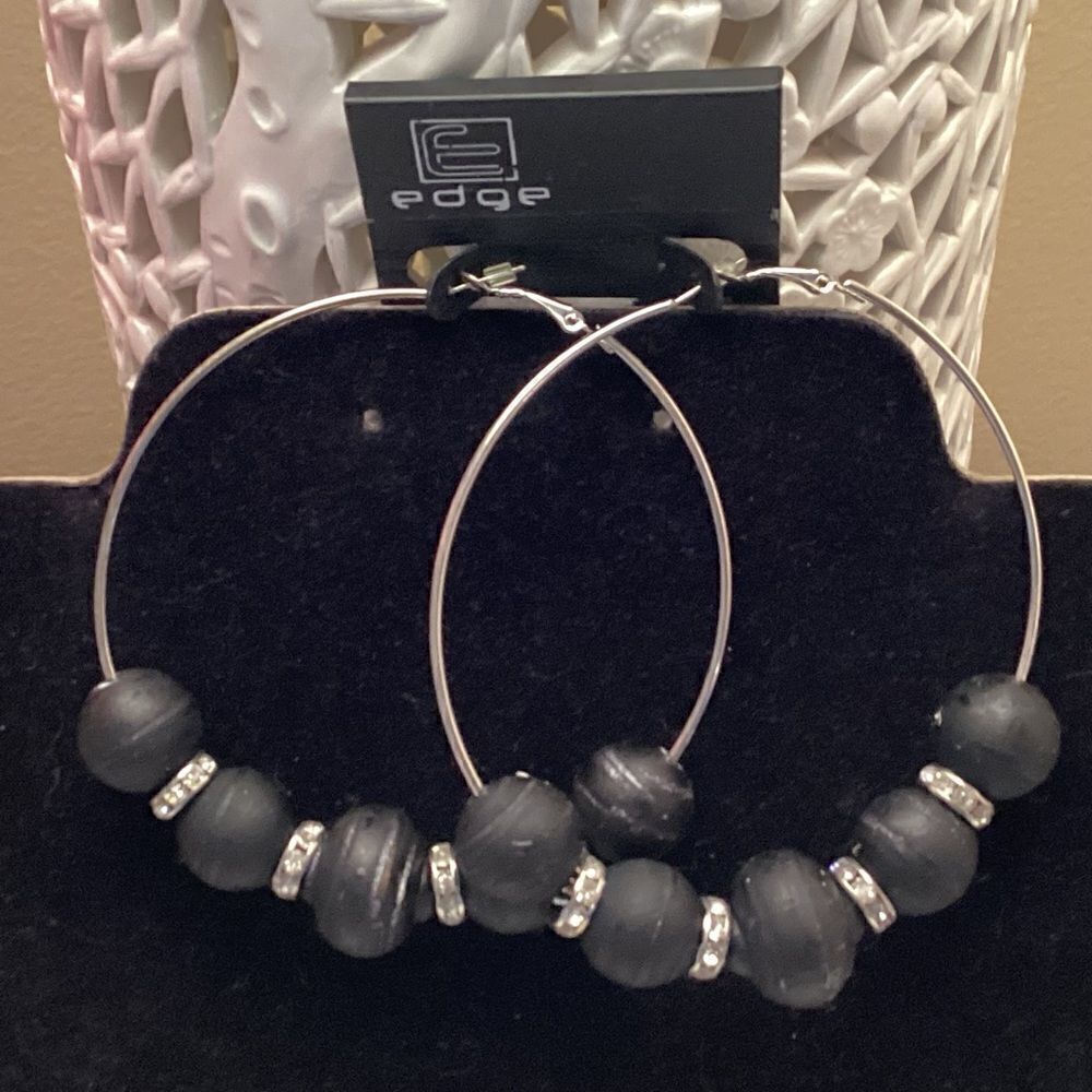 Large Silvertone Hoops with Black Beads and Rhinestone Rondels